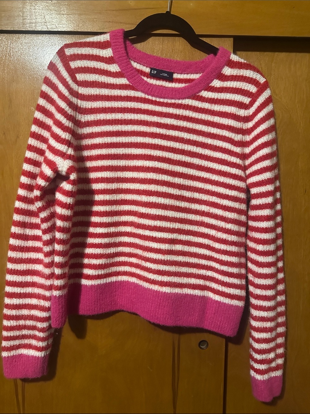 GAP Pink and White Striped Crewneck Sweater